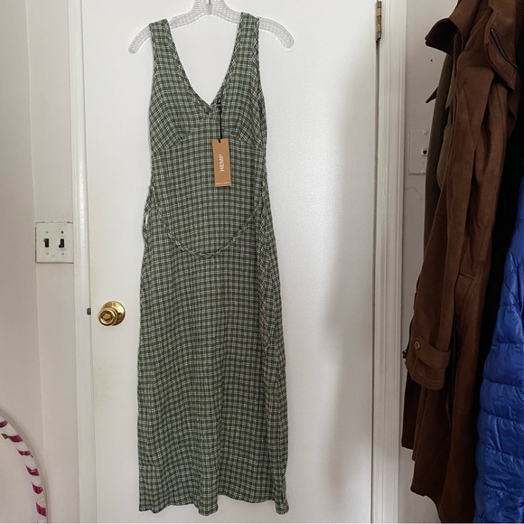 Afends Base Seersucker Maxi Dress XS Deep Green Check Gingham Hemp Tencel NWT - Picture 12 of 13
